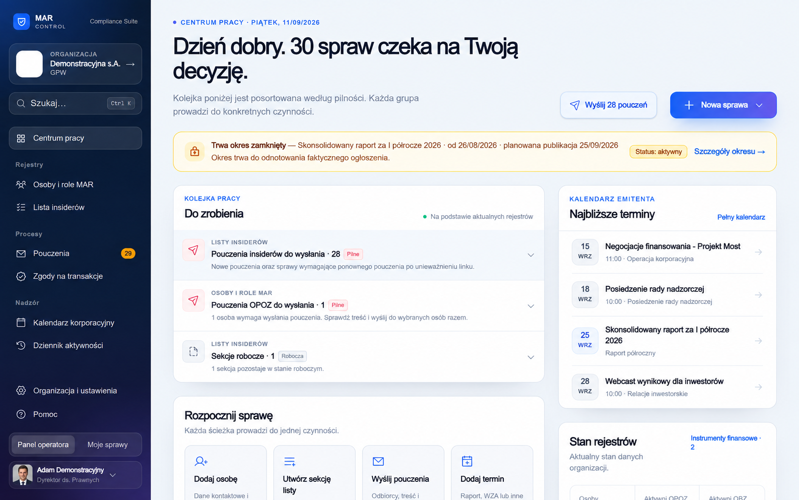 Centrum pracy w MAR Control dla fikcyjnej spółki Demonstracyjna S.A.: kolejka czynności, kalendarz emitenta i stan rejestrów